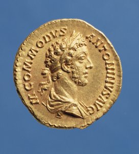 Aureus (voorzijde) buste van Commodus (180-192) gedrapeerd, rechts, met een lauwerkrans. Inscriptie: M ANTONINVS COMMODVS AVG